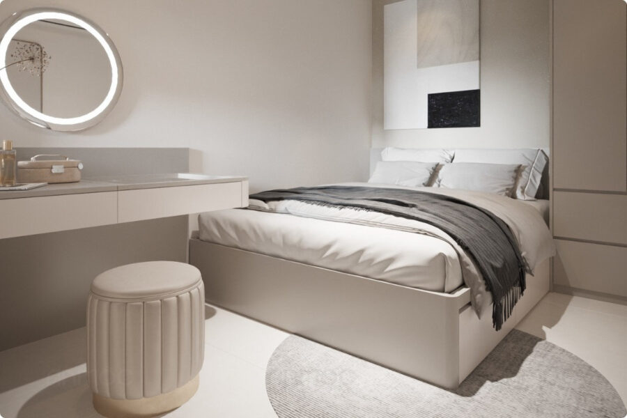 Góc nhìn tổng thể phòng ngủ nhỏ từ khu vực cửa ra vào