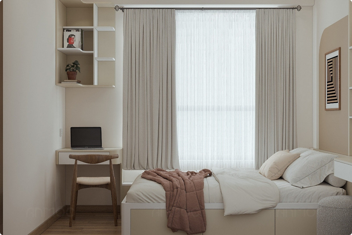 Không gian phòng ngủ lớn được thiết kế tinh giản, tiện nghi hài hòa với căn hộ