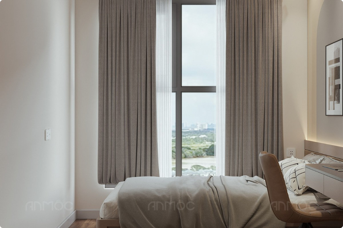 Mẫu rèm cửa 2 lớp màu ám ghi hiện đại giúp cản nắng và trang trí phòng ngủ