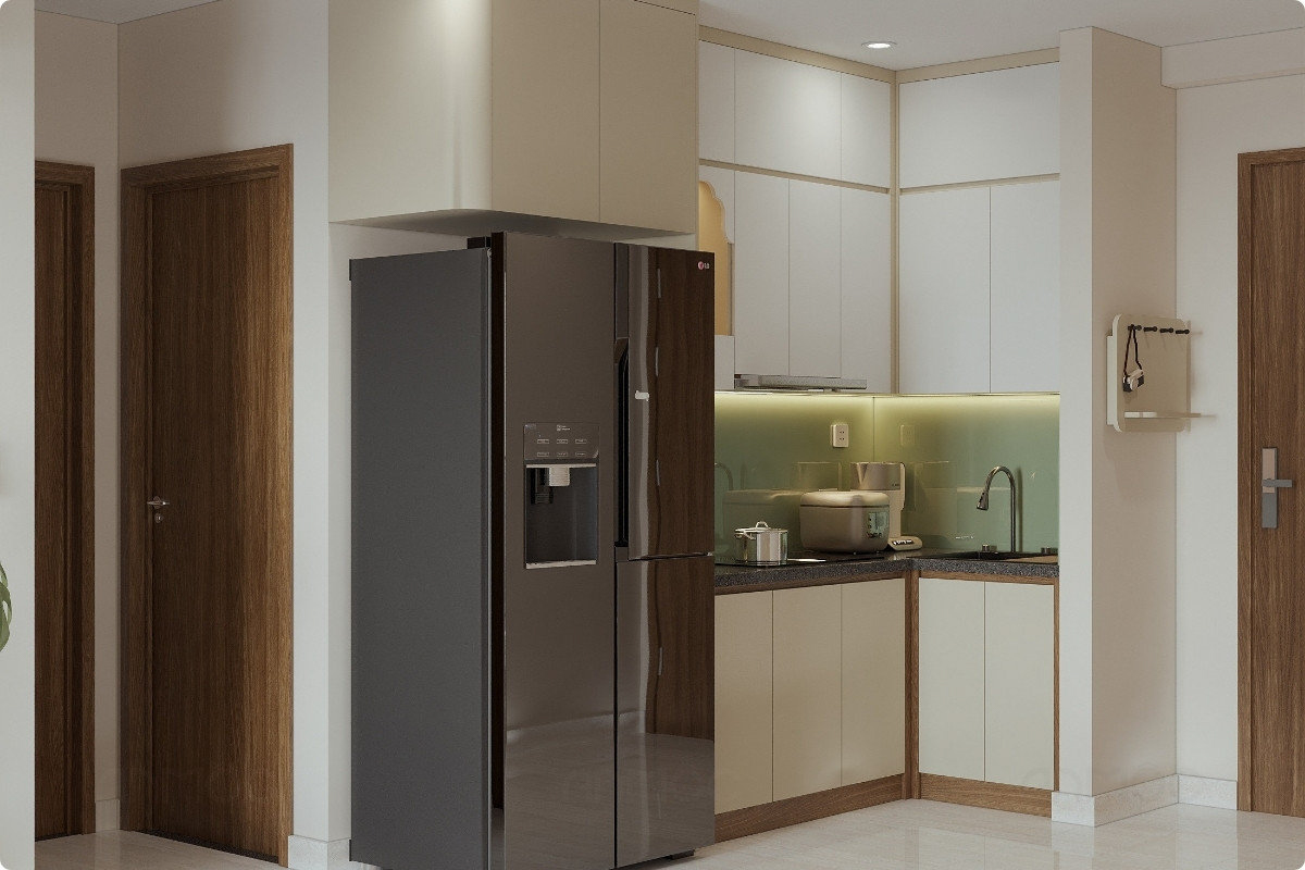 Thiết kế bếp chữ L trong căn hộ chung cư Bcons Plaza giúp tối ưu diện tích sử dụng