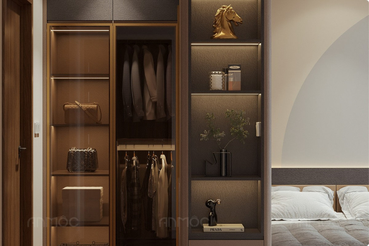 Thiết kế tủ áo kết hợp kệ trang trí trưng bày túi xách và phụ kiện sang trọng