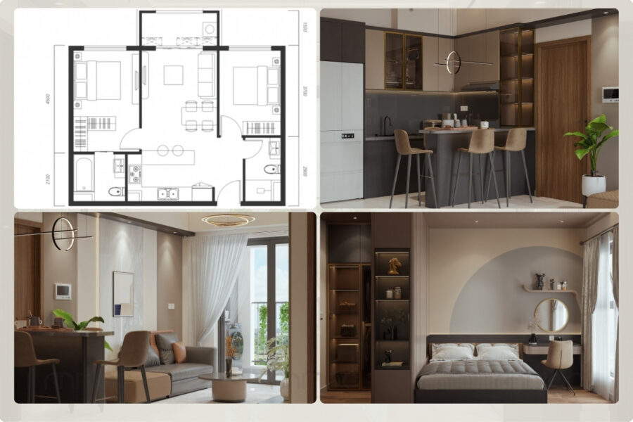 Tổng thể không gian Thiết kế nội thất chung cư Swanbay 52m2 của anh Luật