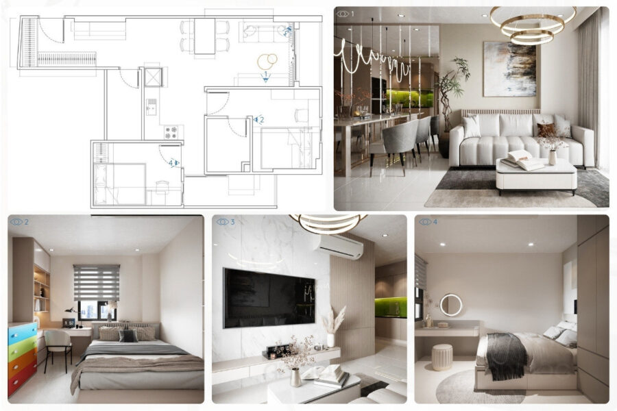 Tổng thể không gian thiết kế nội thất chung cư Greenfield 68m2 của chị Sương