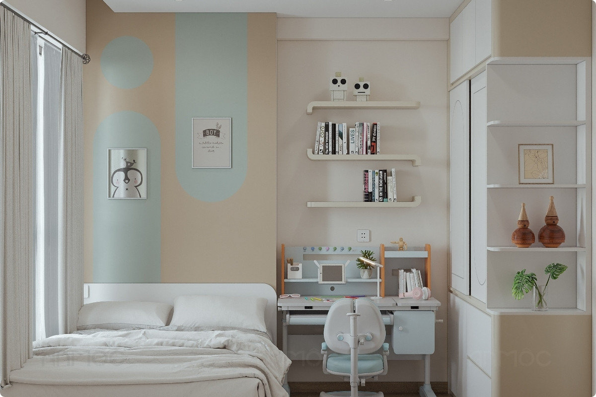 Tổng thể nội thất phòng ngủ nhỏ trong chung cư Bcons Plaza 51m2 có bố trí gọn gàng, màu sắc tươi sáng