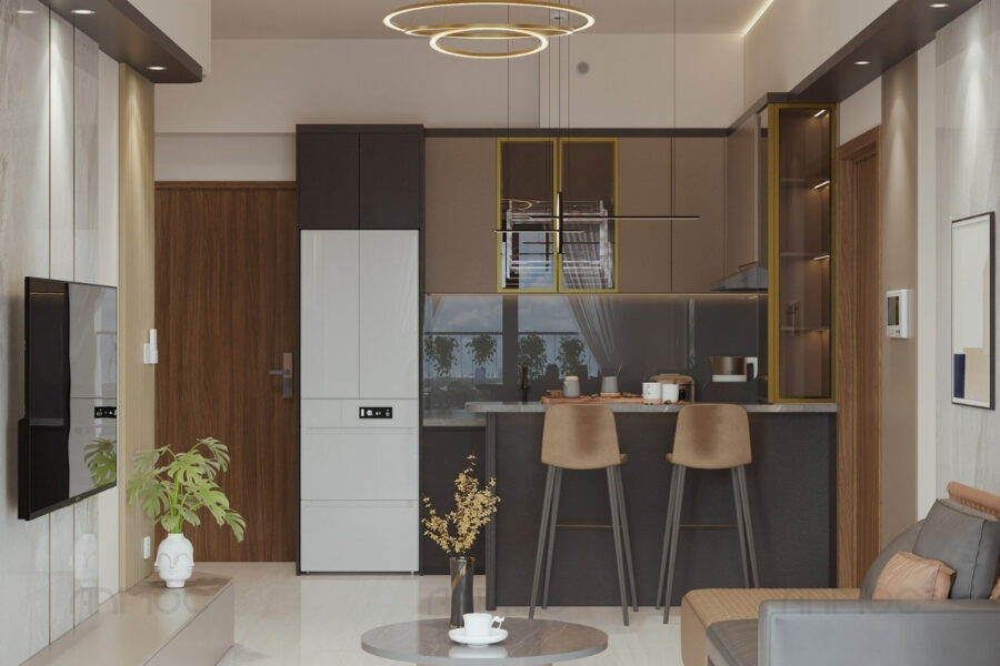 Tổng thể phòng bếp trong căn hộ chung cư Swanbay 52m2