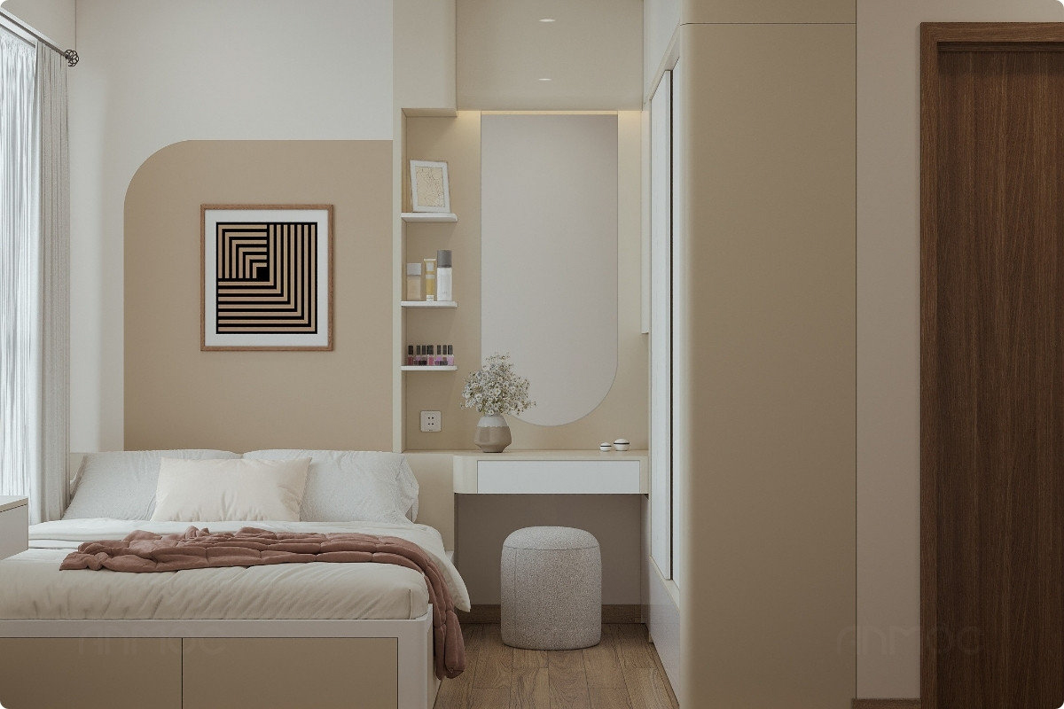Tổng thể phòng ngủ lớn trong căn hộ chung cư Bcons Plaza 51m2 với tông màu nhẹ nhàng thanh thoát