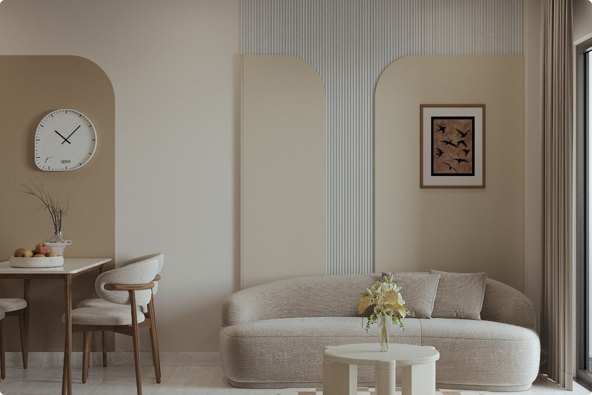 Vách ốp tường sau sofa tạo điểm nhấn cho không gian phòng khách