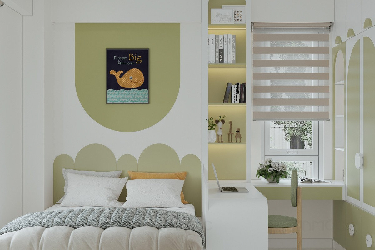 Phòng ngủ nhỏ với gam màu nhẹ nhàng và hiện đại