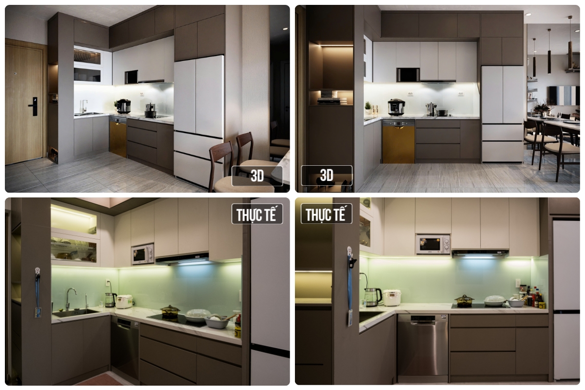 So sánh ảnh 3D và thực tế nội thất phòng bếp