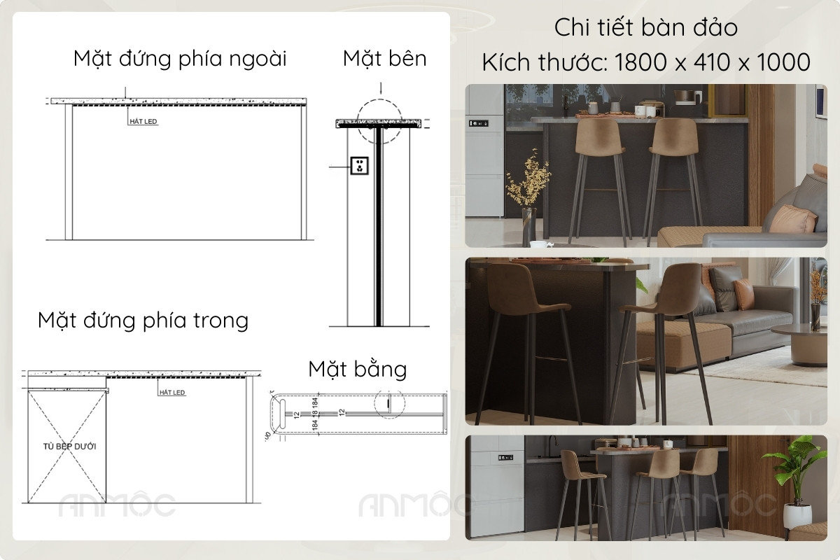 Bàn đảo thiết kế đơn giản và thẩm mỹ