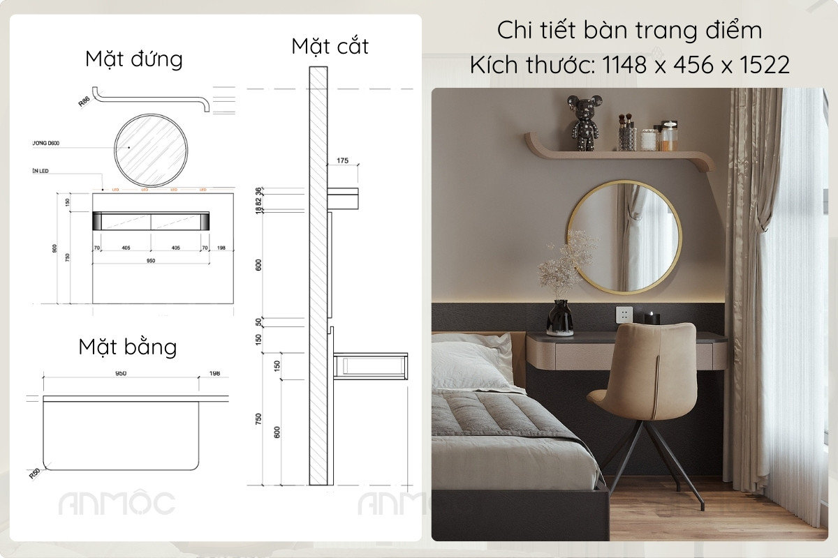 Bàn trang điểm được thiết kế gọn gàng, thẩm mỹ