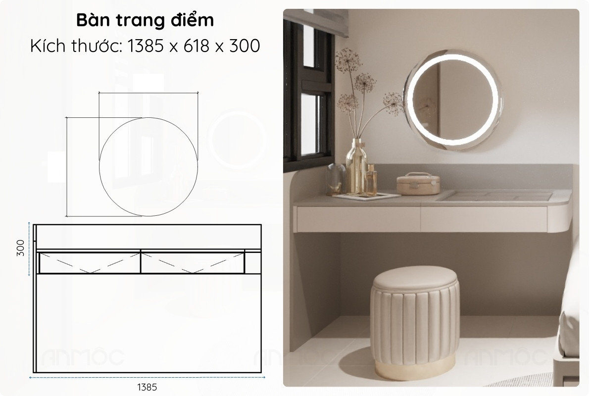 Bàn trang điểm được thiết kế treo tường cùng với gương tròn LED hiện đại