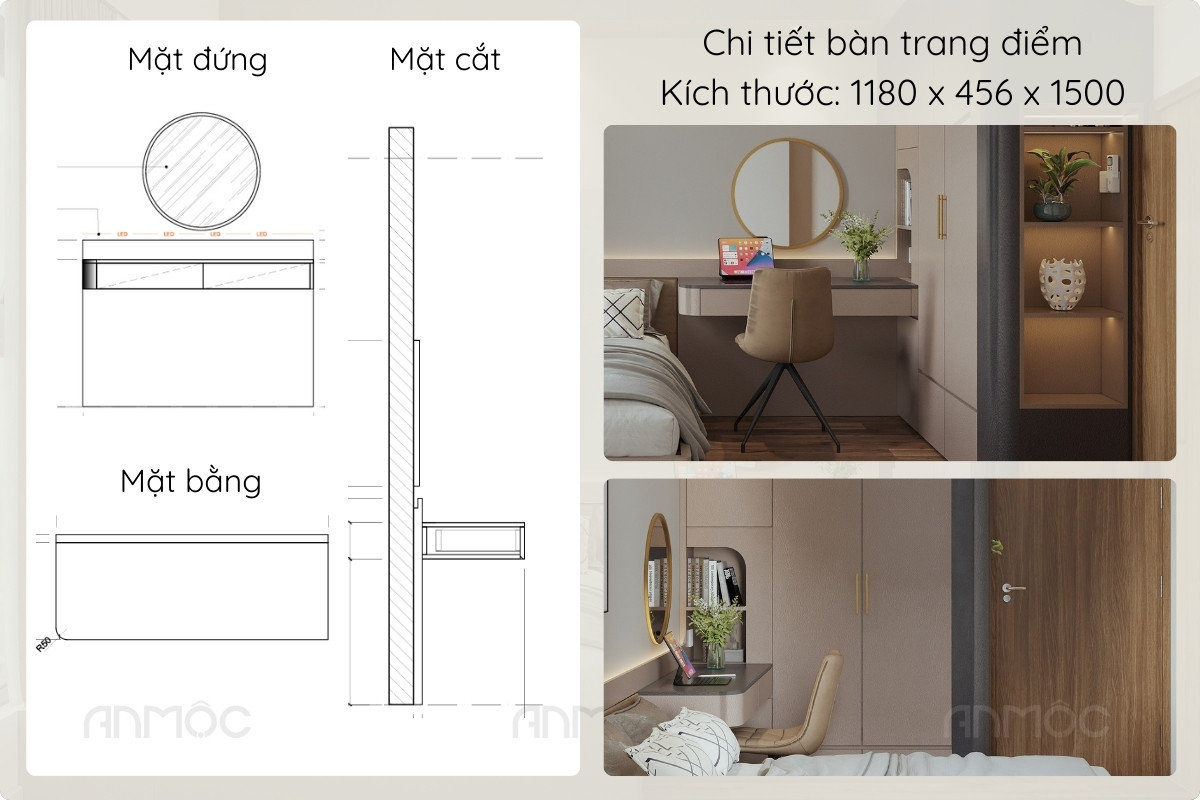 Bàn trang điểm nhỏ gọn được đặt ở phía góc phòng ngủ