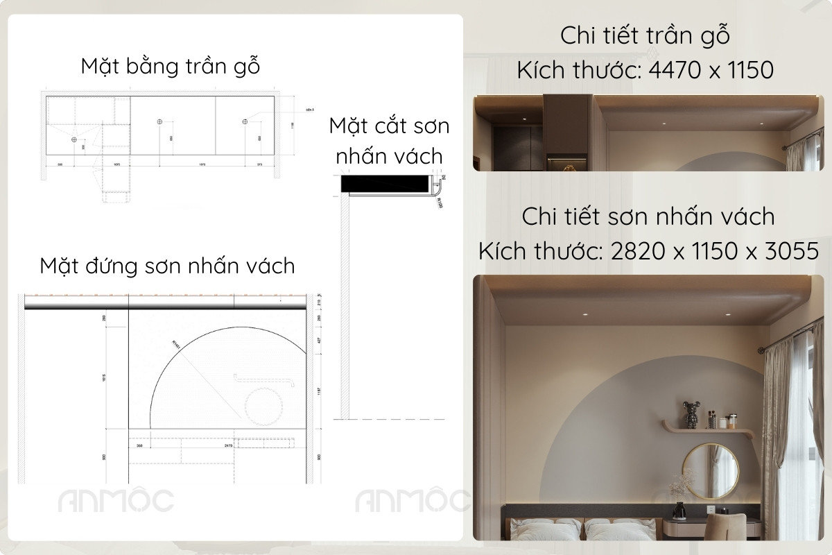 Bản vẽ và phối cảnh chi tiết trần gỗ, sơn nhấn vách phòng ngủ hiện đại