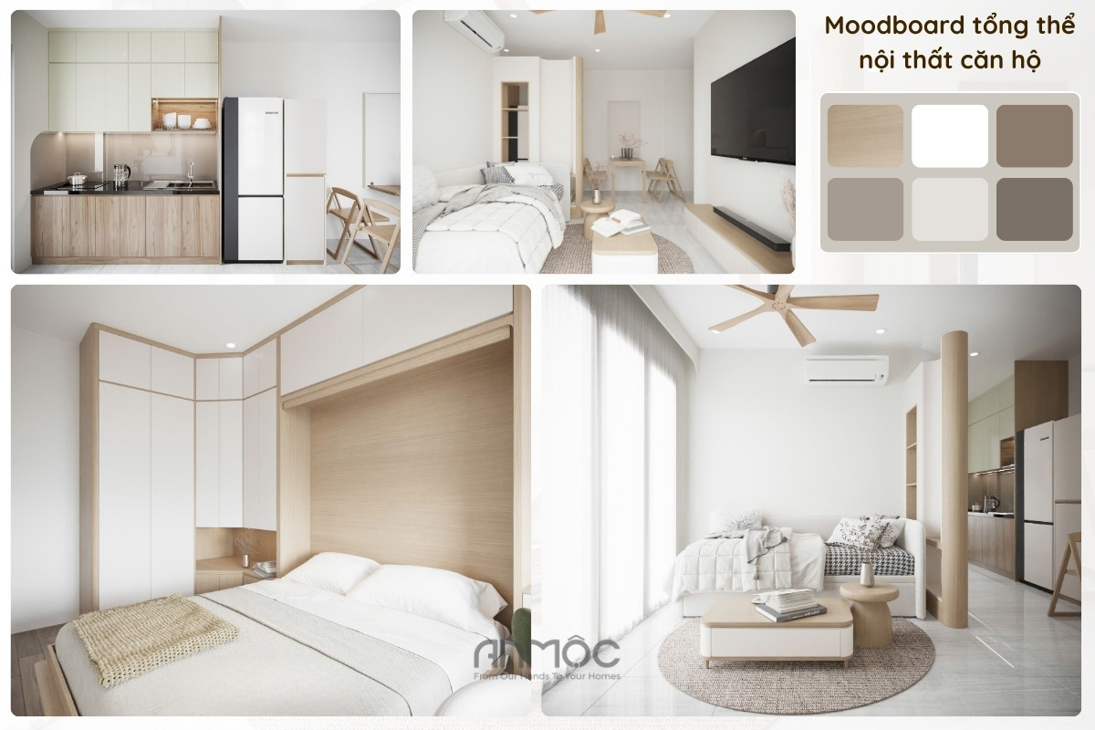 Bảng màu chủ đạo chung cư Bcons Polaris anh Nhân 49m2 sử dụng gam trung tính kết hợp gỗ sáng, tạo tổng thể nhẹ nhàng và hiện đại