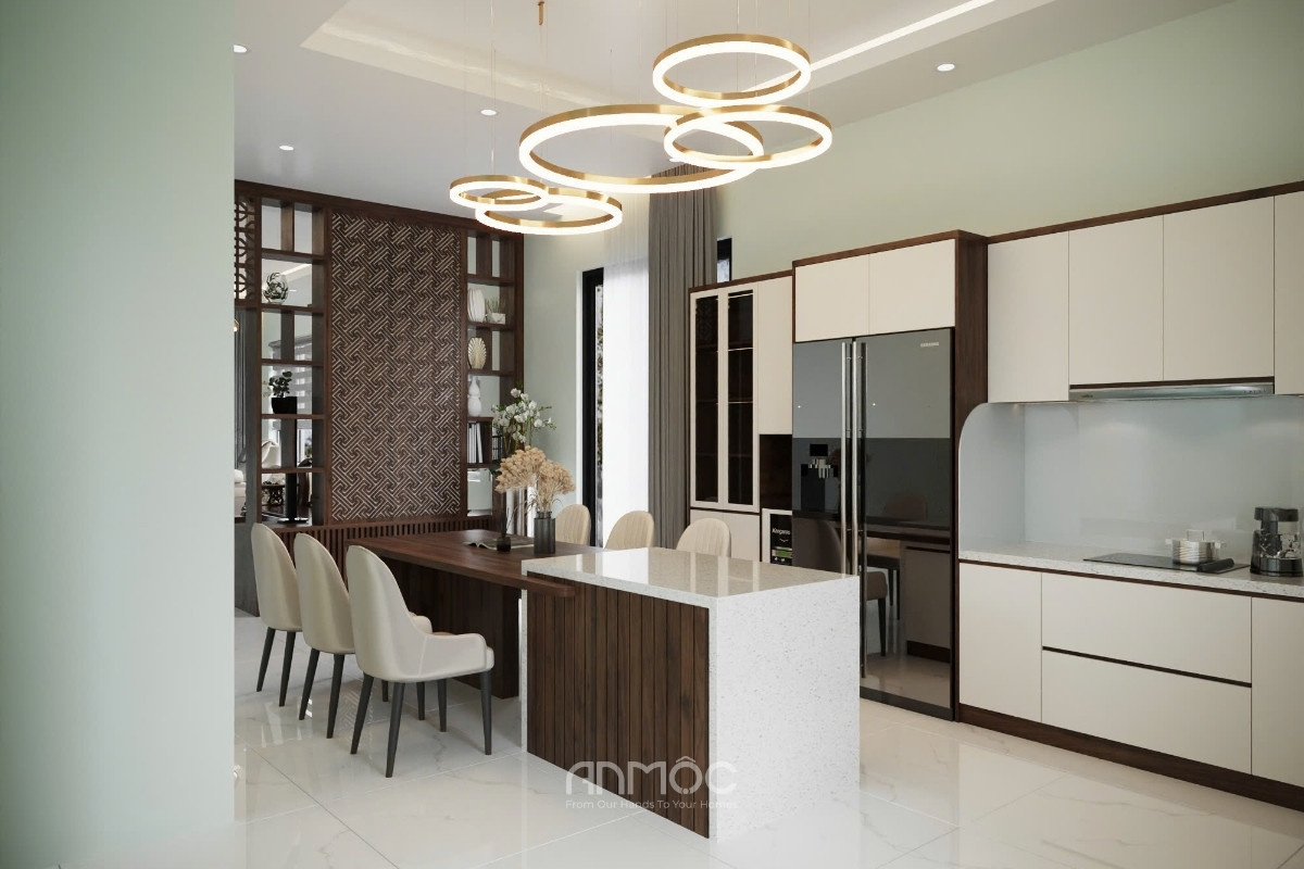 Bếp nhà phố Đắk Lắk 168m2 được thiết kế tối ưu công năng nhưng vẫn giữ được nét ấm cúng cần thiết