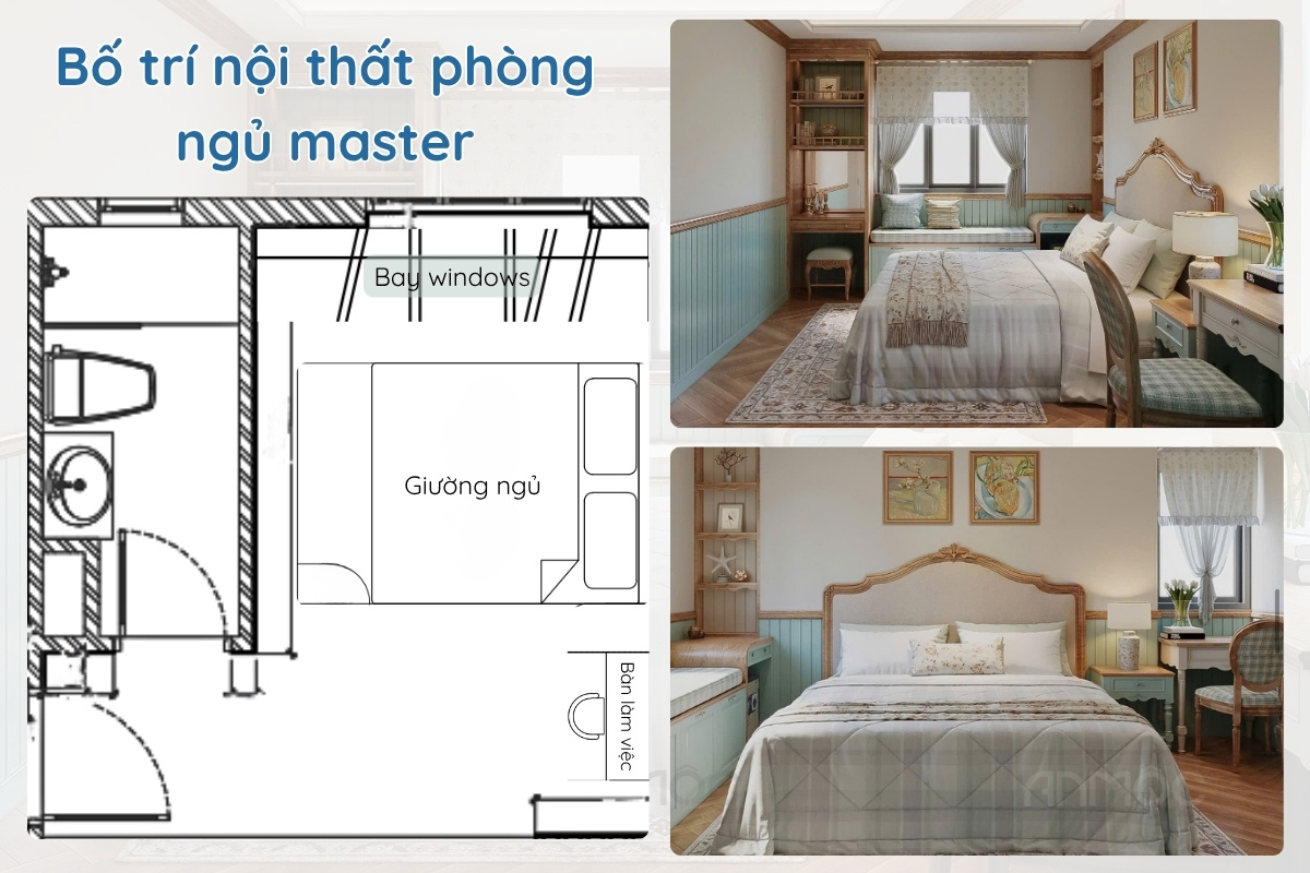 Bố trí nội thất phòng ngủ master với giường đôi trung tâm, bàn làm việc cạnh cửa sổ, kệ gỗ tích hợp và không gian sáng thoáng mang phong cách tân cổ điển
