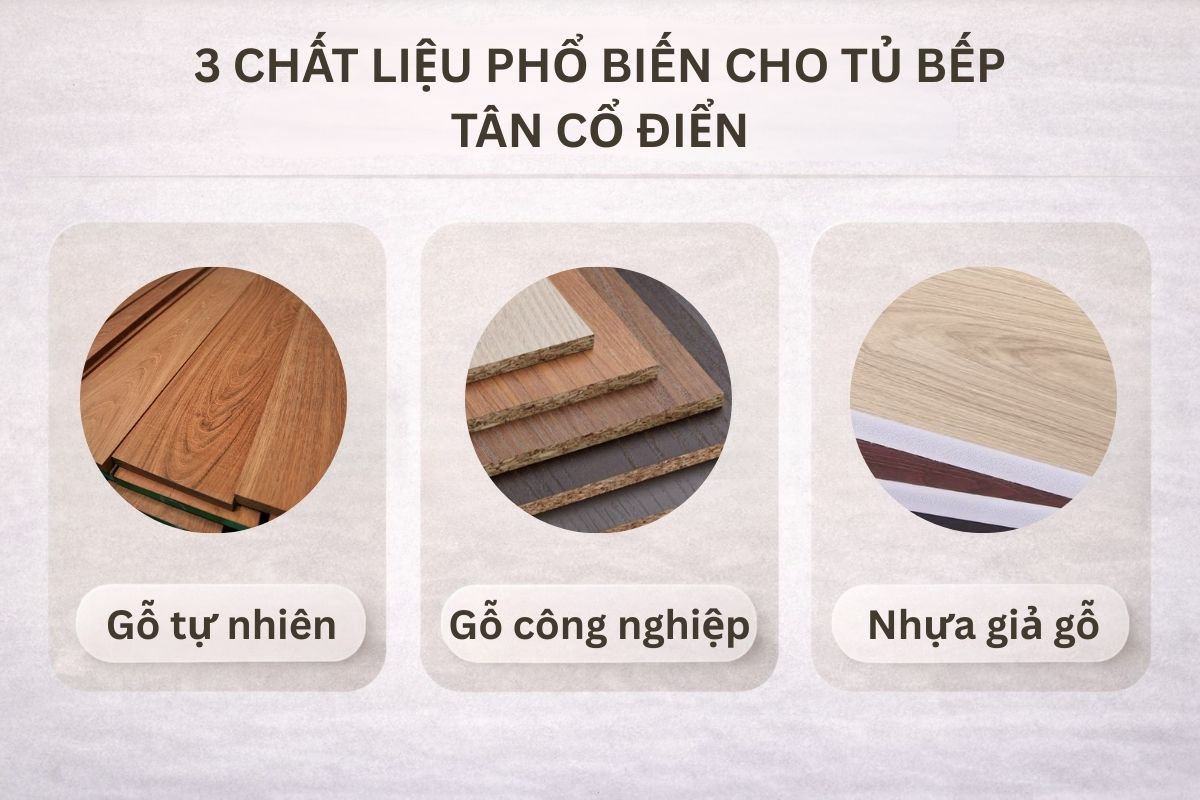 Các chất liệu phổ biến dành cho tủ bếp tân cổ điển