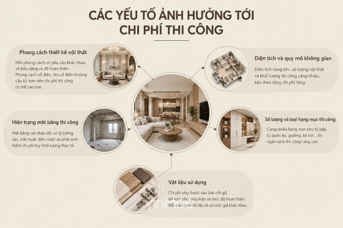 Các yếu tố ảnh hương chi phí thi công nội thất