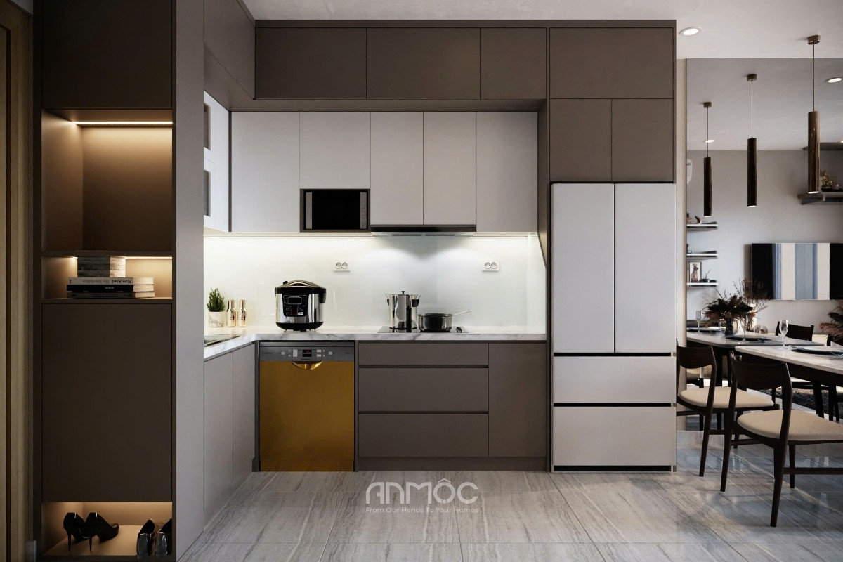 Cận cảnh khu vực bếp hiện đại với tủ bếp trên dưới tông màu latte và trắng_An Mộc
