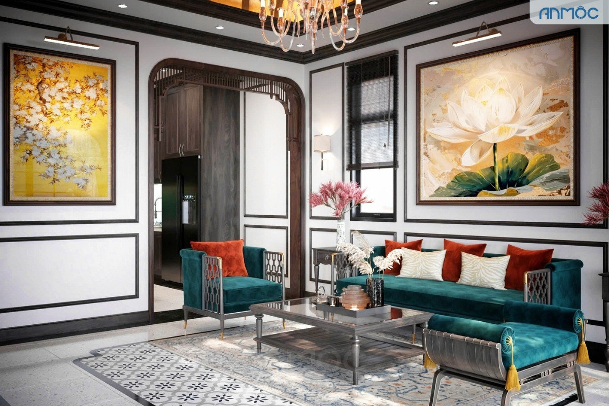 Cận cảnh sofa cùng 2 ghế tựa, bàn trà và hai bức tranh treo tường lớn