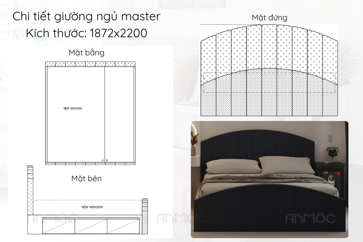 Chi tiết giường ngủ với thiết kế đầu giường bọc nệm sang trọng, mang lại cảm giác ấm áp và tinh tế