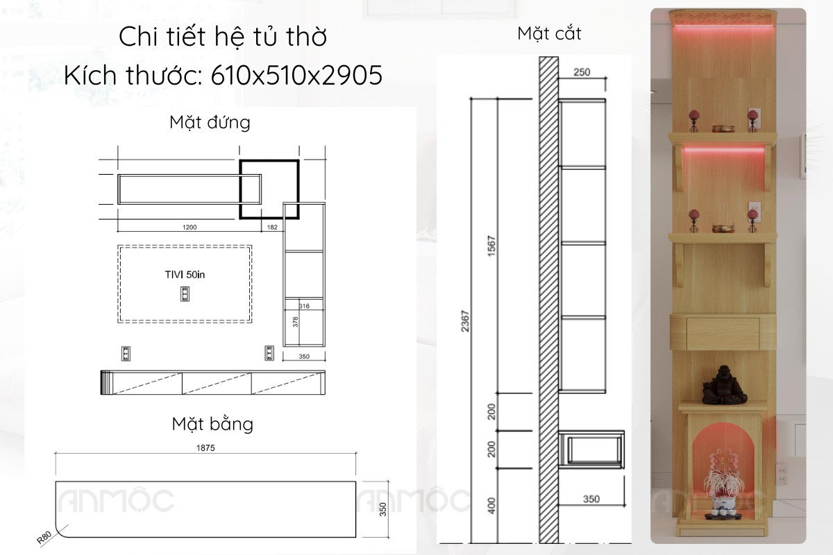 Chi tiết hệ tủ thờ nhỏ gọn, màu gỗ ấm, hài hòa với tổng thể thiết kế nội thất chung cư Asiana Capella 66m2