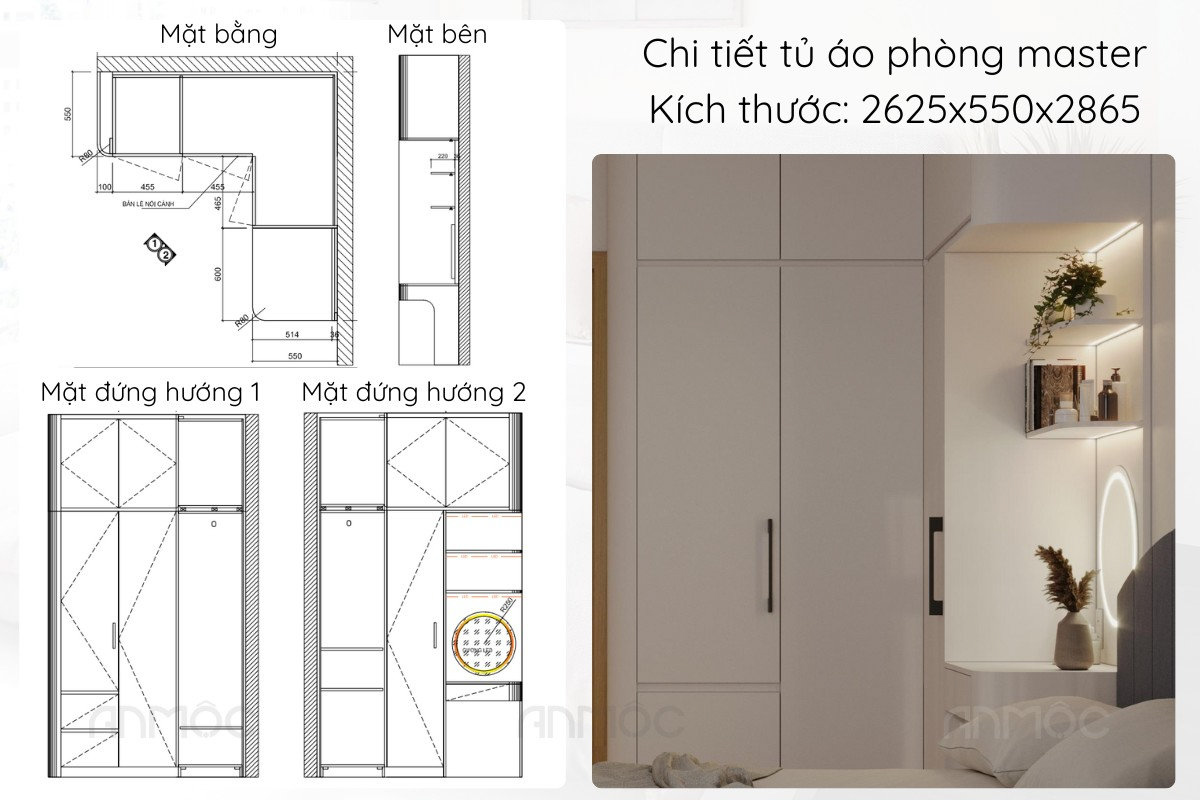Chi tiết thiết kế tủ áo tiện nghi kết hợp bàn trang điểm và kệ trưng bày tinh tế