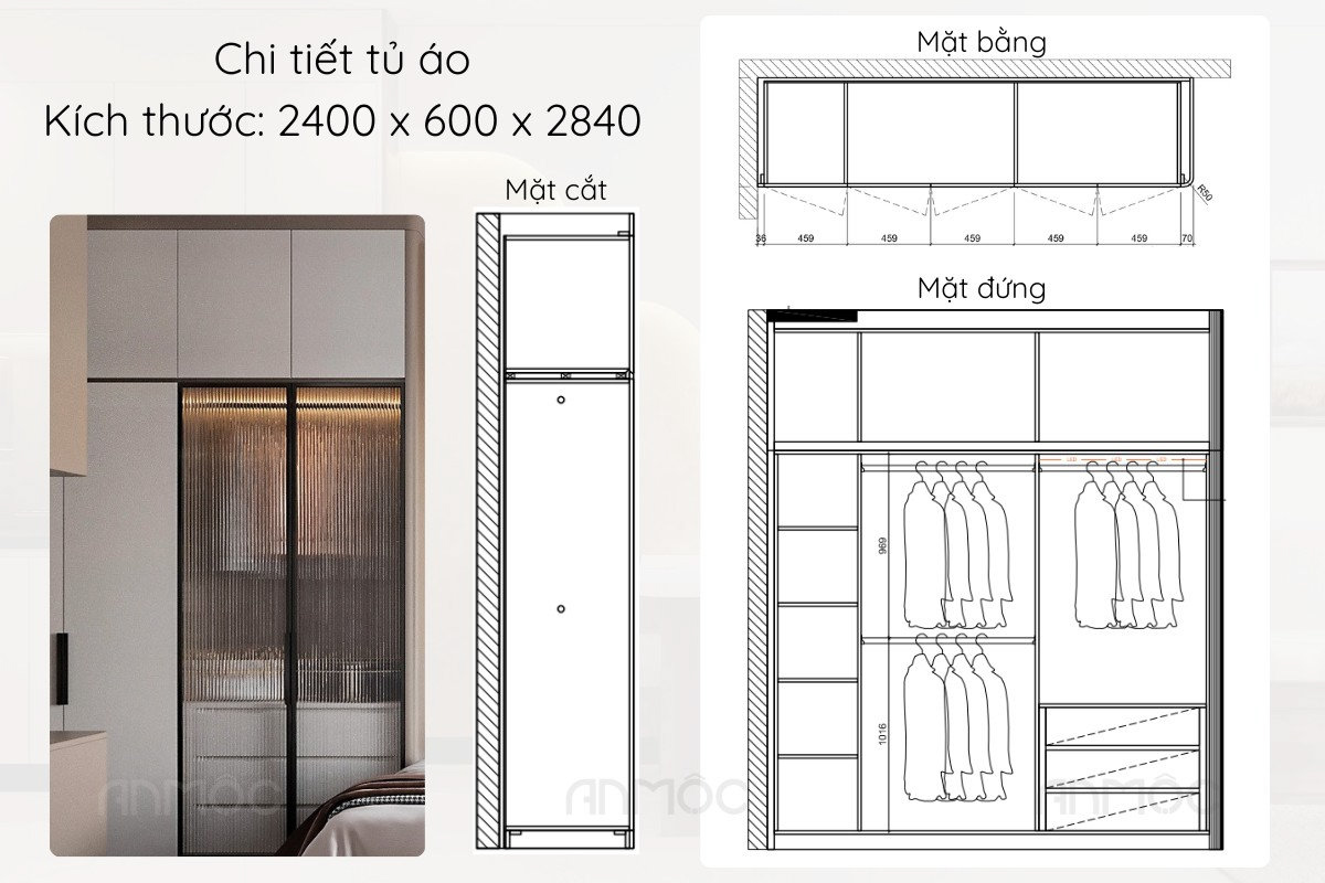 Chi tiết thiết kế tủ quần áo phòng ngủ master với hệ cánh mở tối giản và bố trí ngăn lưu trữ khoa học