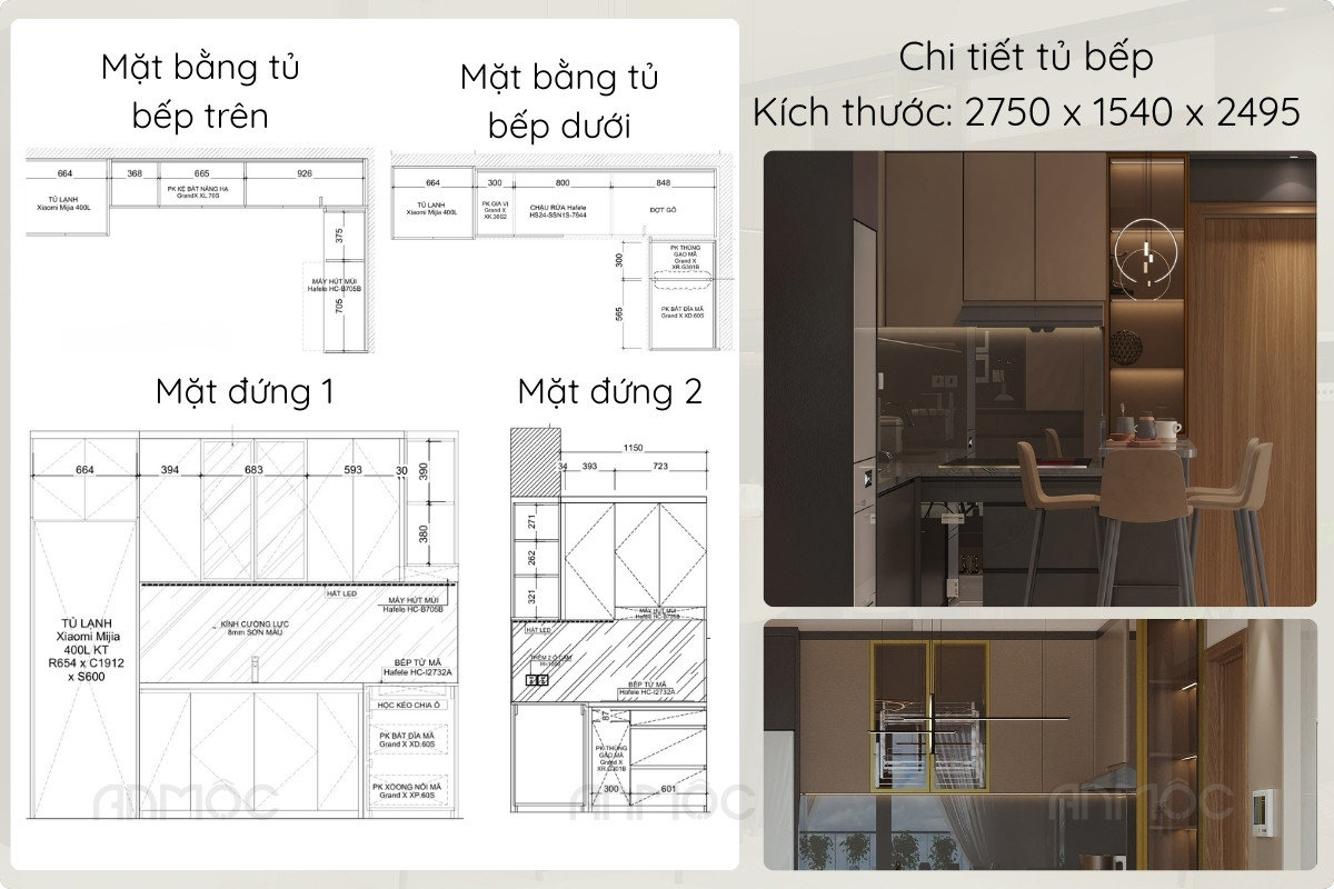 Chi tiết tủ bếp trên và tủ bếp dưới được sử dụng vật liệu cao cấp kết hợp tay nắm âm