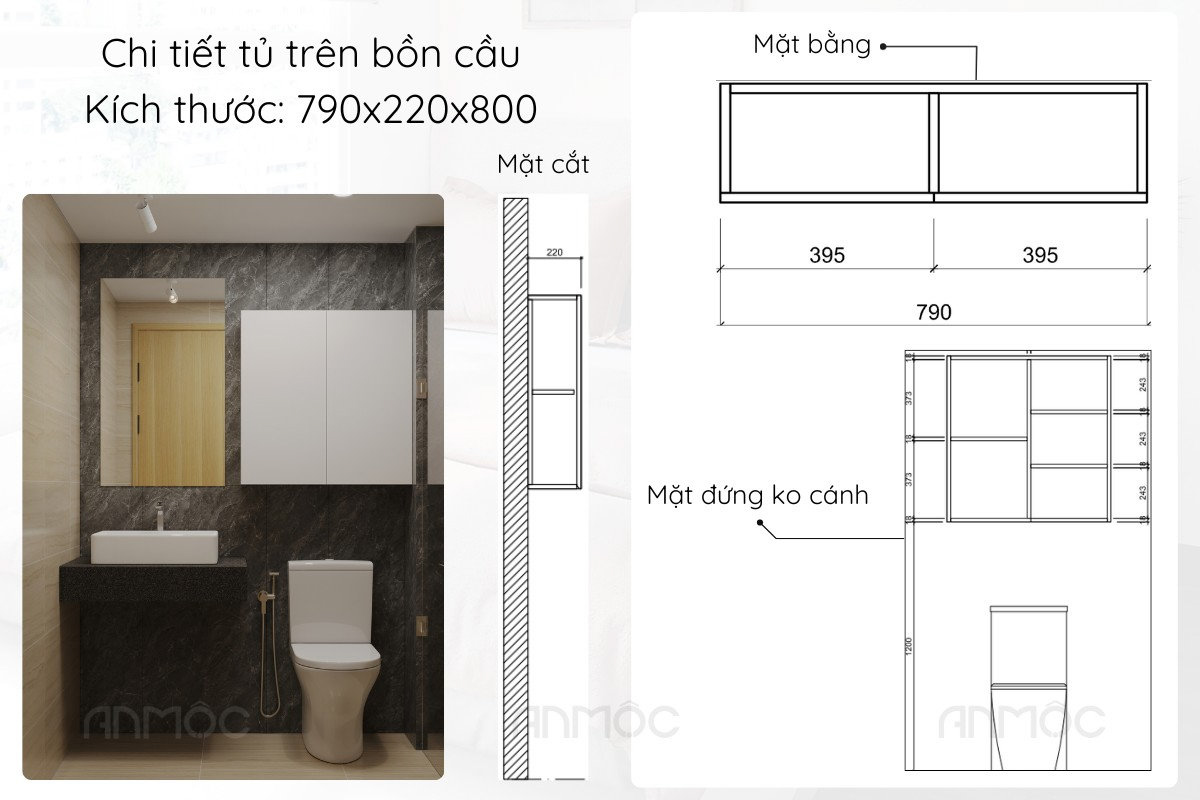 Chi tiết tủ lưu trữ trên bồn cầu phòng vệ sinh căn hộ Asiana Capella, thiết kế gọn gàng, tối ưu không gian và tiện dụng