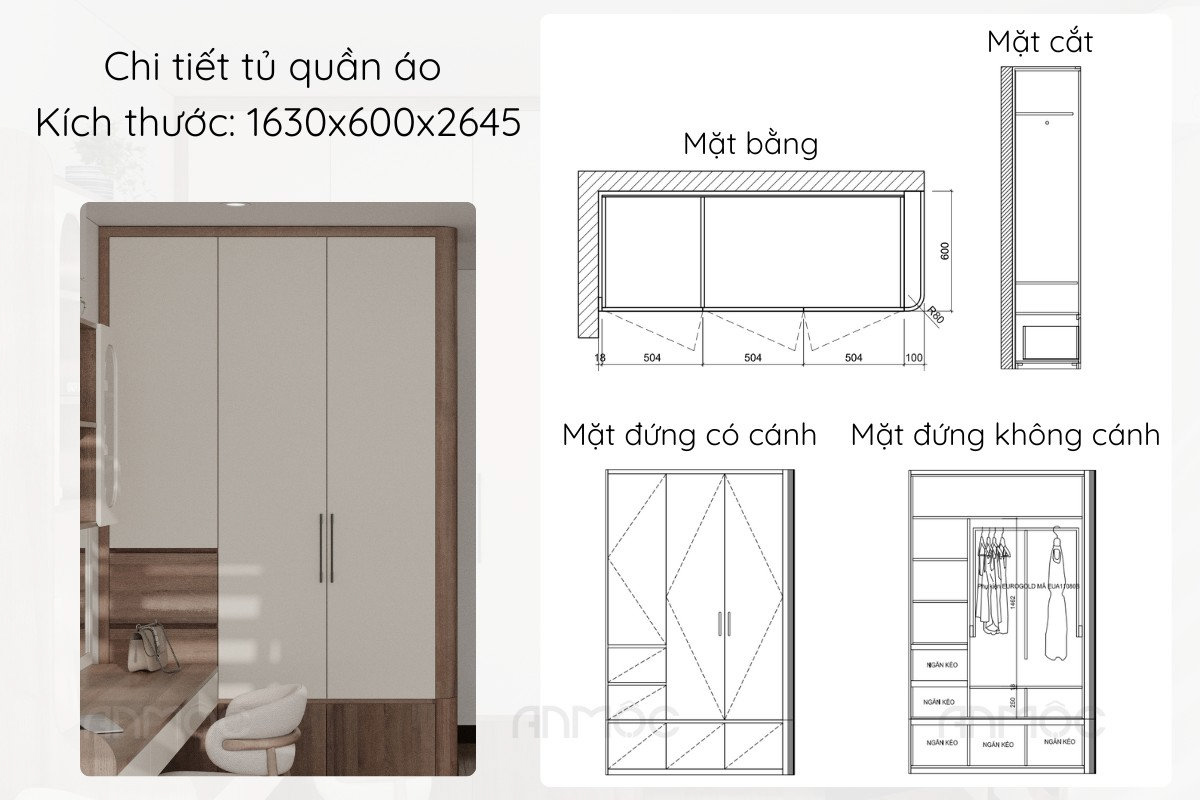 Chi tiết tủ quần áo phòng ngủ master với thiết kế cao kịch trần, tăng không gian lưu trữ