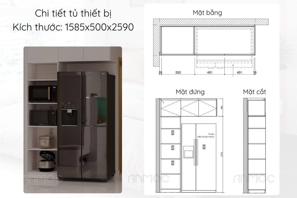 Chi tiết tủ thiết bị với bố trí công năng hợp lý, kết hợp tủ lạnh, lò vi sóng và kệ chứa đồ tiện dụng