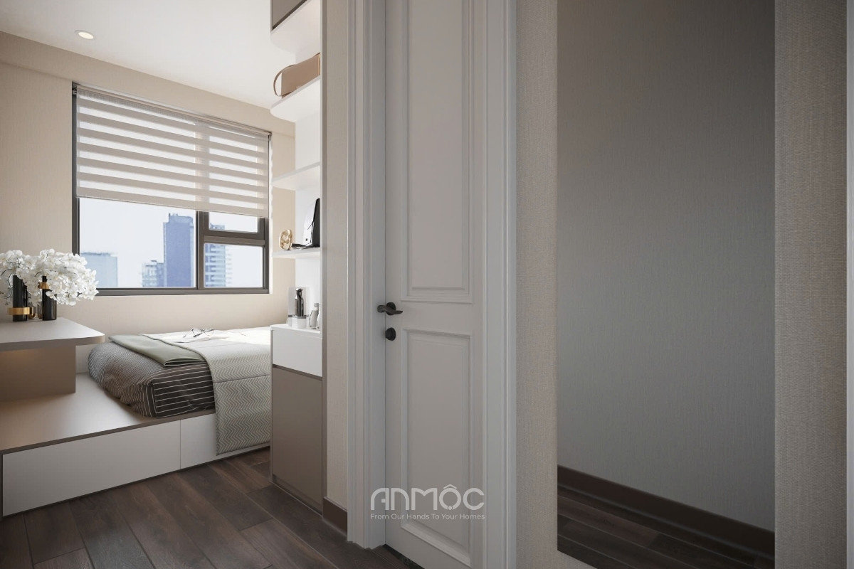Cửa phòng ngủ master mở ra, hé lộ không gian phòng ngủ với giường đặt thấp cùng rèm cửa cầu vòng hiện đại_An Mộc