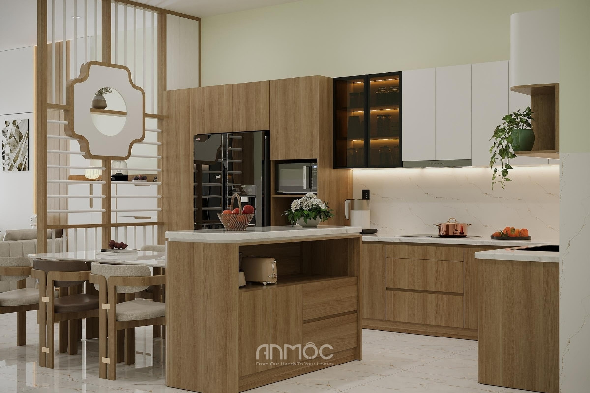 Đảo bếp trong nhà phố Hóc Môn 80m2 đóng vai trò kết nối, vừa tăng công năng vừa tạo điểm nhấn cho không gian