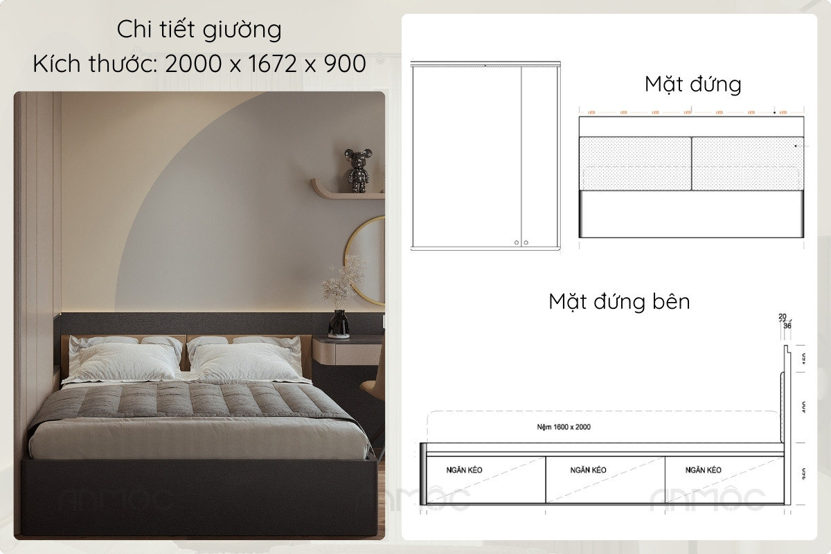 Giường ngủ 1 với vách đầu giường gỗ hiện đại, tinh tế