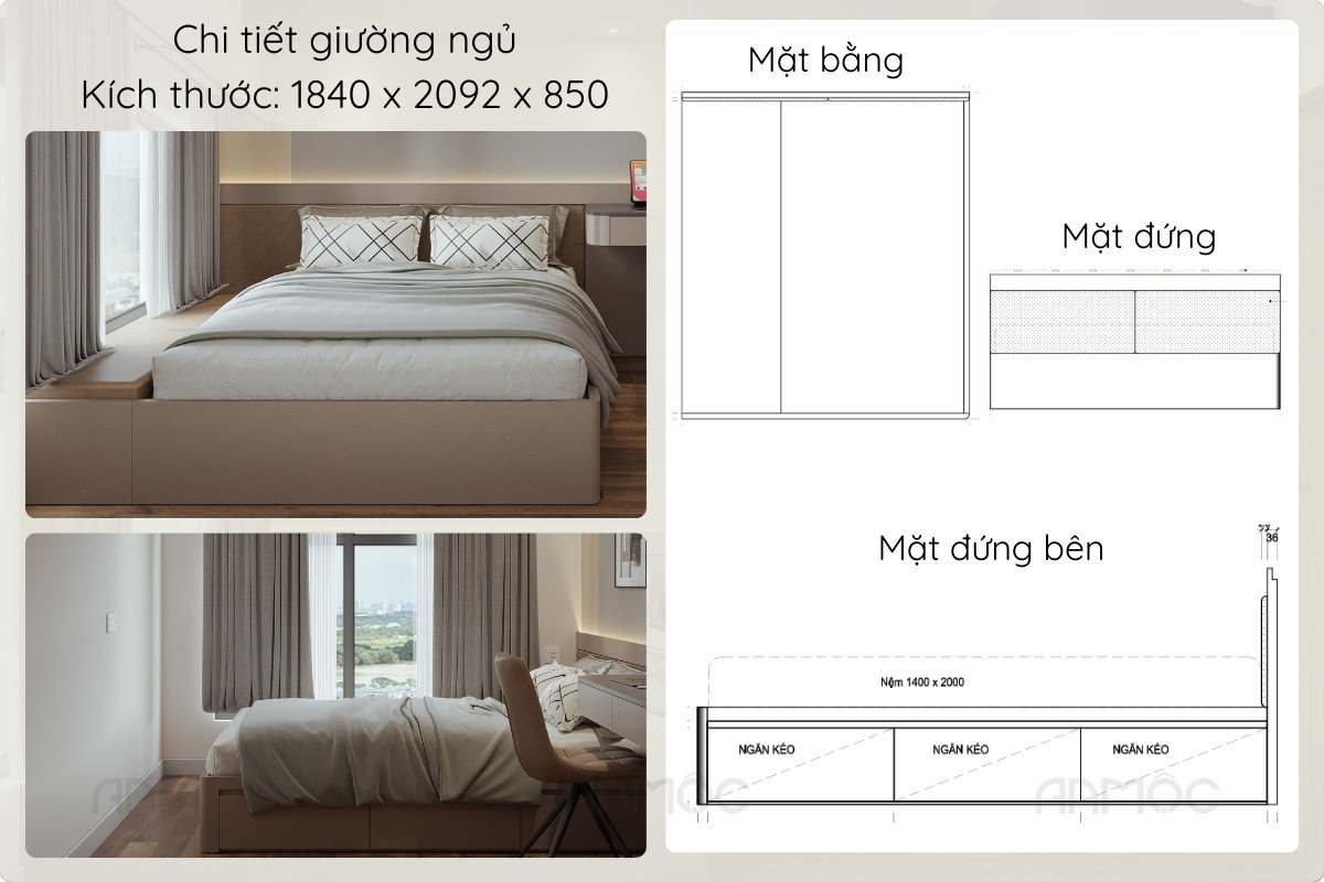 Giường ngủ 2 với vách đầu giường gỗ hiện đại, tinh tế