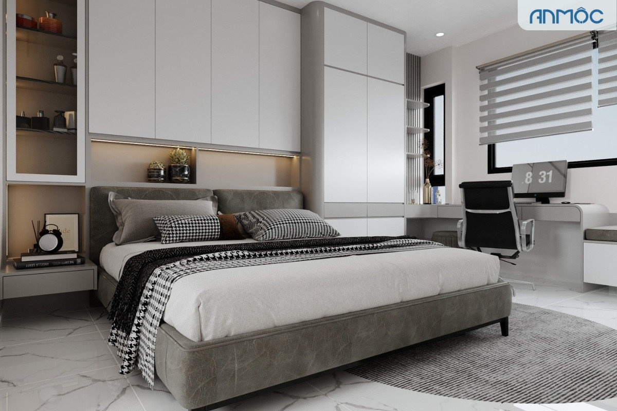 Giường ngủ bọc nệm màu xám kết hợp với hệ tủ đầu giường trắng hiện đại