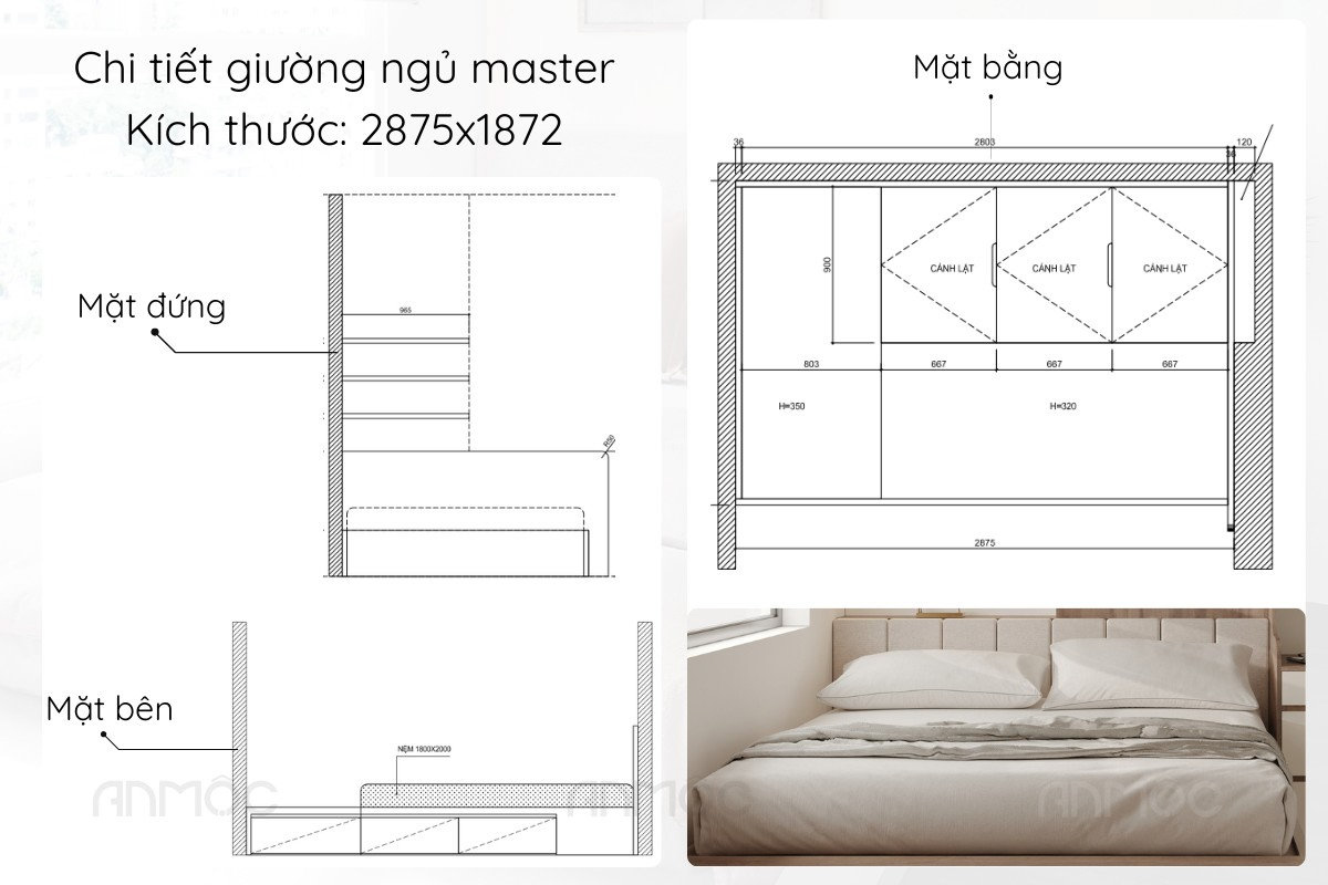 Giường ngủ master với thiết kế đa năng và kích thước lớn phù hợp với nhu cầu sống của gia chủ
