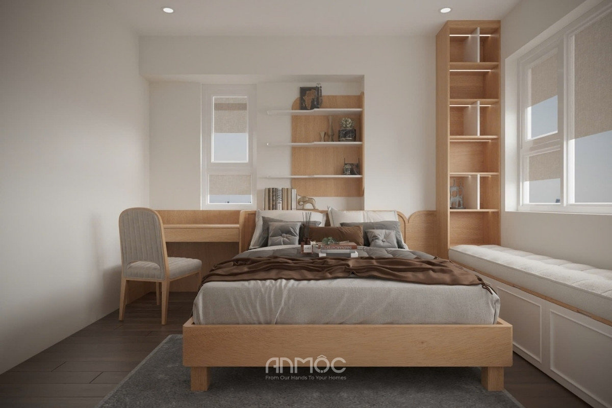 Giường ngủ phòng ngủ 2 được thiết kế gọn gàng với tông màu sáng, hiện đại