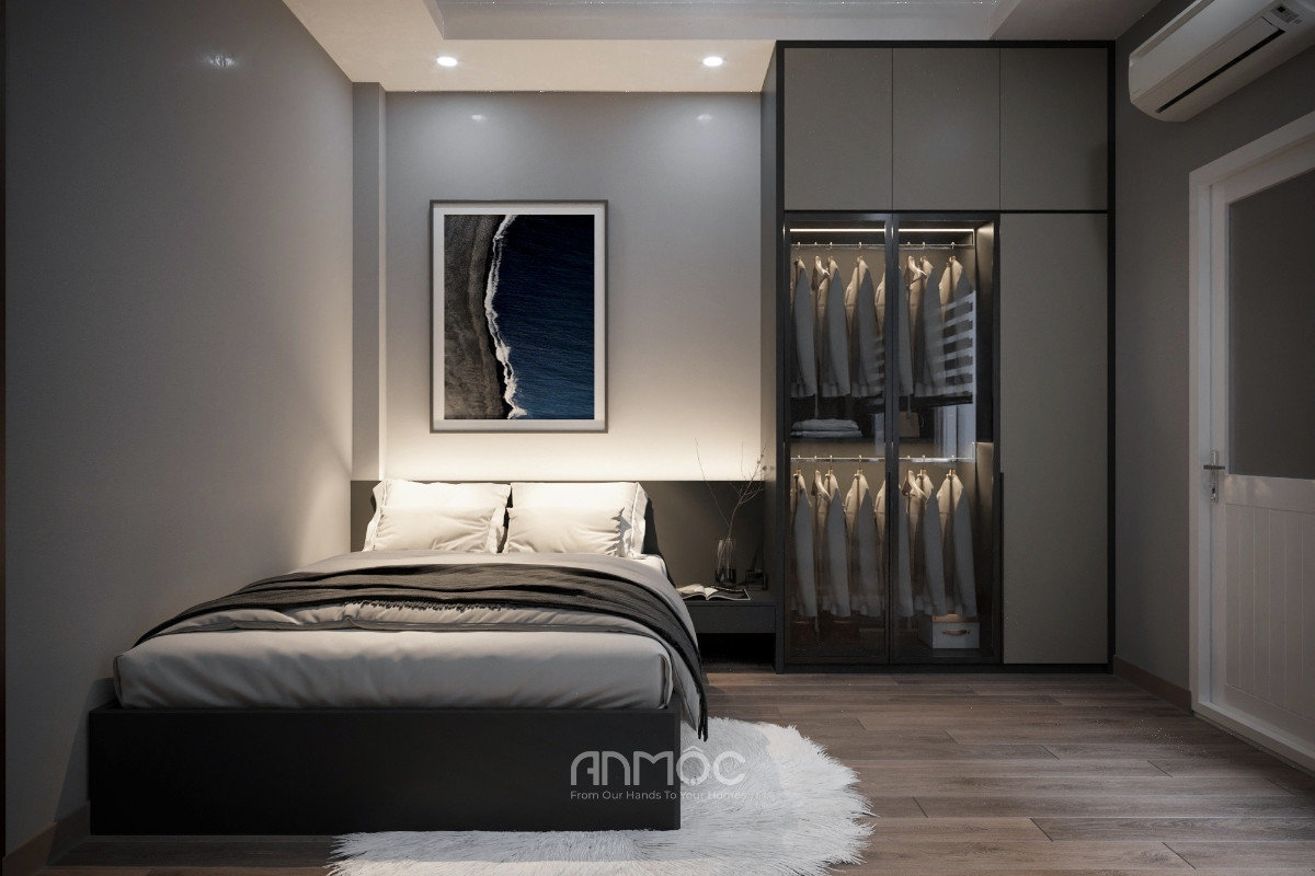 Giường ngủ tối giản với tủ quần áo cánh kính tích hợp, tạo không gian gọn gàng và hiện đại trong phòng ngủ 8m2_An Mộc