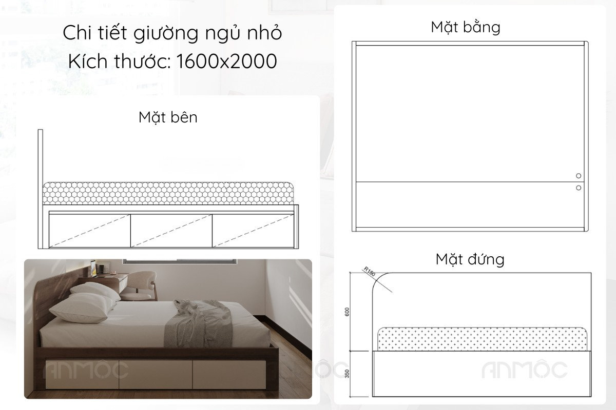 Giường phòng ngủ nhỏ căn hộ Skyview được thiết kế đa năng, tích hợp ngăn kéo lưu trữ tiện lợi