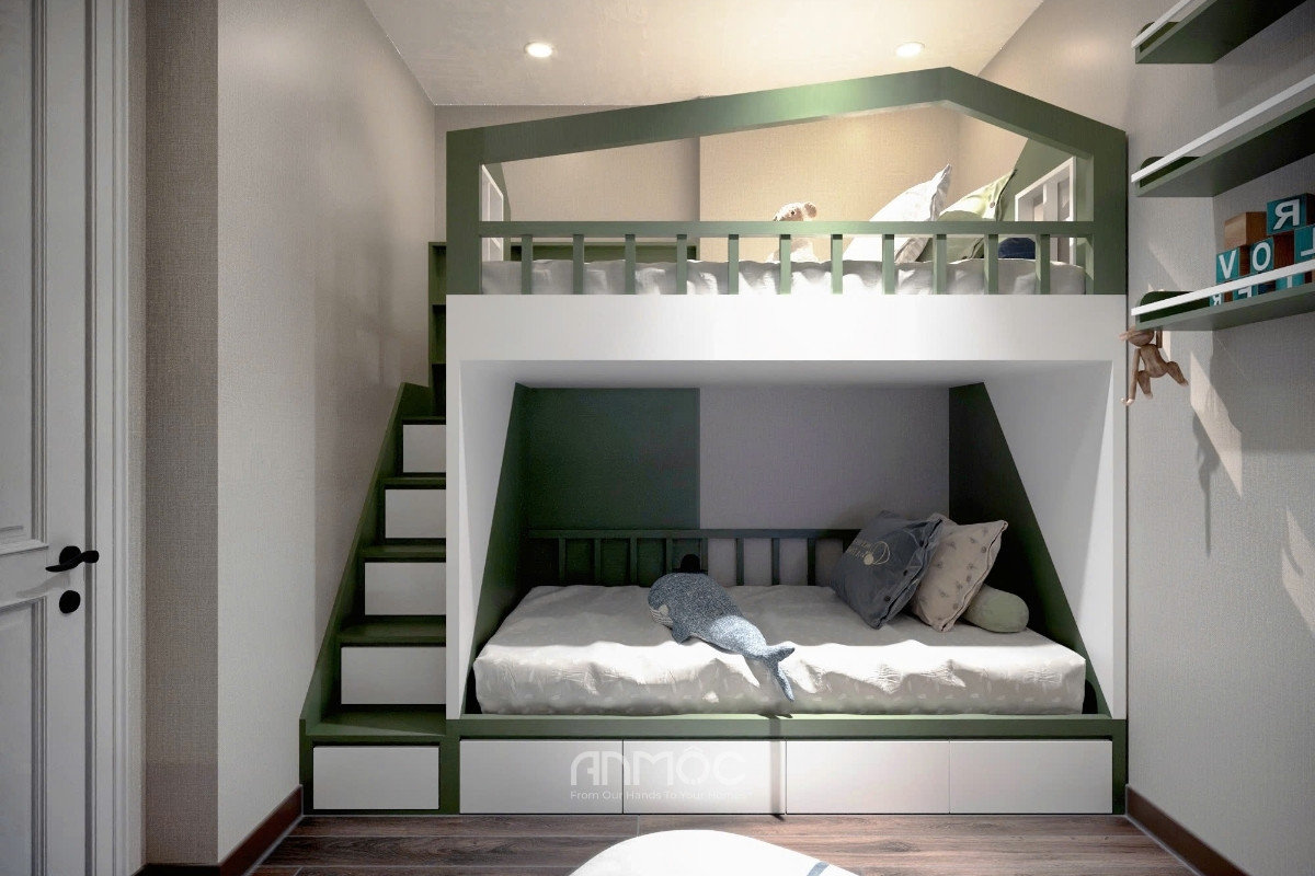 Giường tầng màu xanh lá cây và trắng độc đáo với thiết kế nhà mái, cầu thang tích hợp ngăn kéo_An Mộc