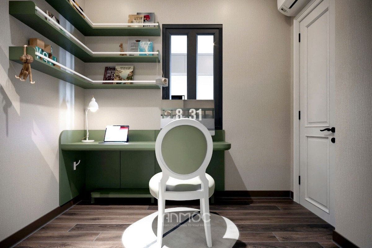 Góc học tập của trẻ với bàn học bo cong màu xanh lá cây, ghế tựa lưng tròn, và hệ thống kệ treo tường hình chữ L_An Mộc