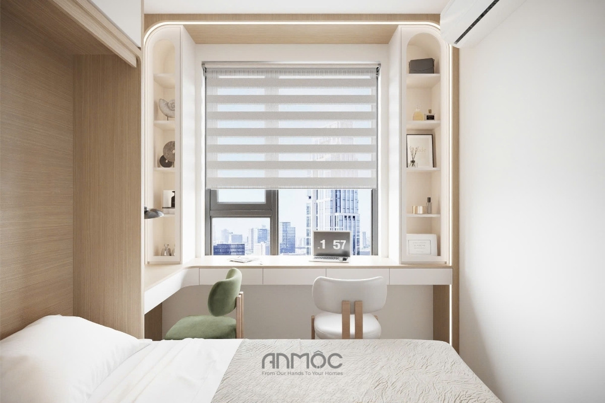 Góc làm việc được bố trí cạnh cửa sổ, tận dụng tối đa ánh sáng tự nhiên, mang lại nguồn cảm hứng và năng lượng làm việc tích cực