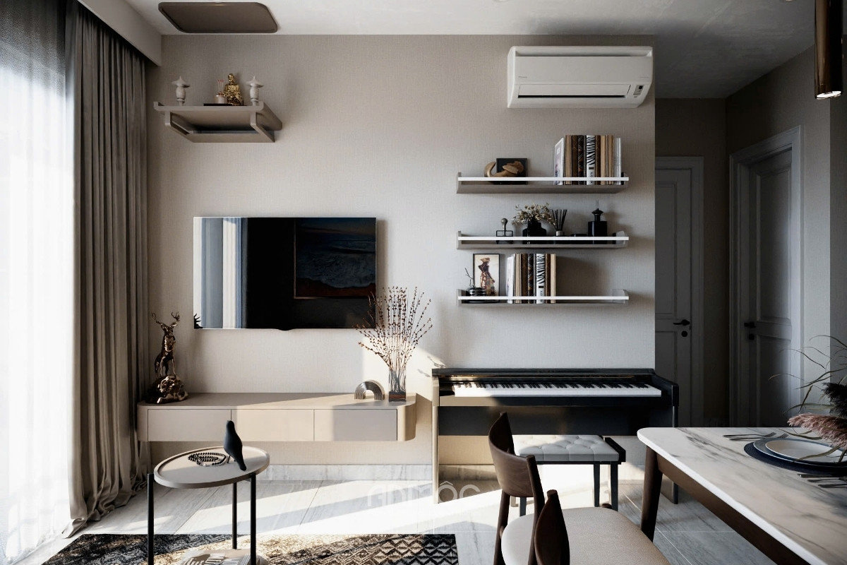 Góc nhìn đối diện từ ghế sofa, với TV treo tường và đàn piano được đặt cạnh nhau, cùng với kệ treo tường trang trí đơn giản_An Mộc