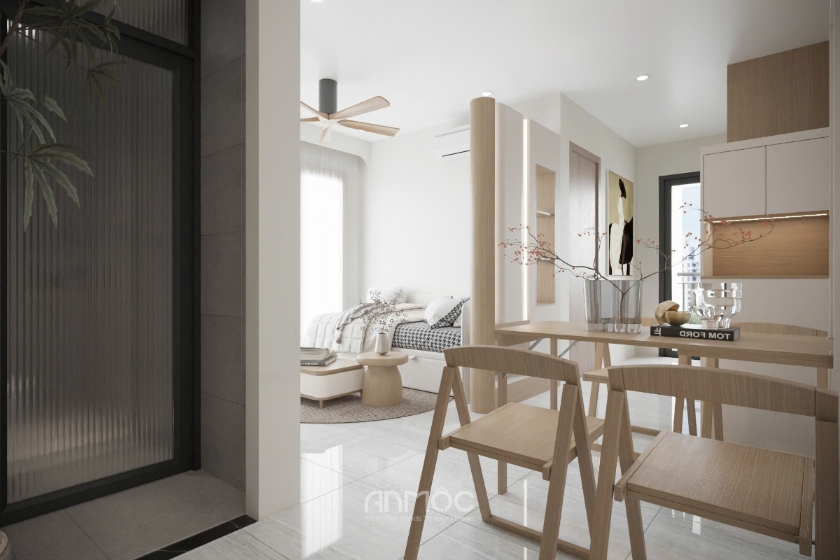 Góc nhìn khu vực bàn ăn liên thông phòng khách căn hộ Bcons Polaris 49m2 với bố cục mạch lạc, tối ưu diện tích