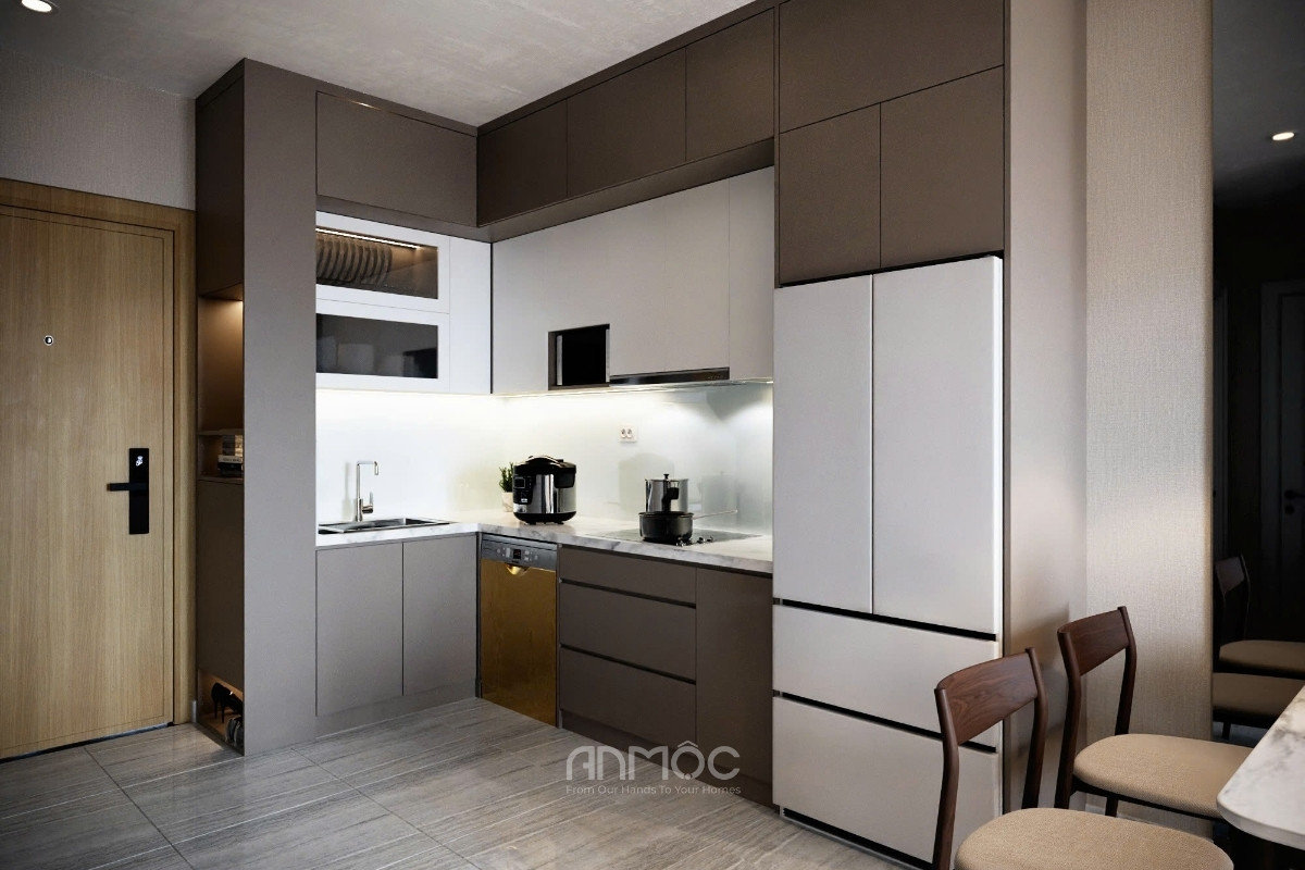 Góc nhìn rộng hơn của bếp và lối vào, cho thấy sự liền mạch giữa khu vực bếp và không gian chung_An Mộc