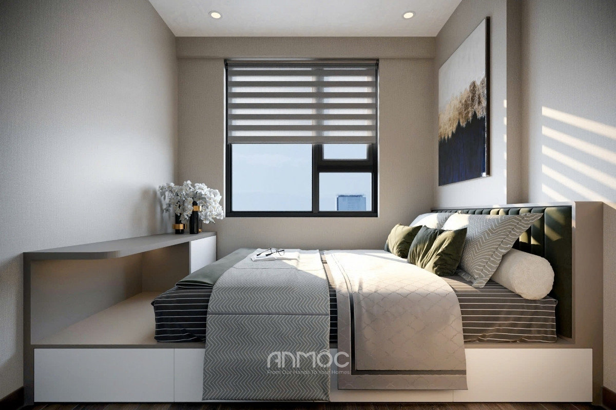 Góc nhìn rộng hơn của phòng ngủ master, bàn trang điểm_làm việc tích hợp với giường ngủ_An Mộc