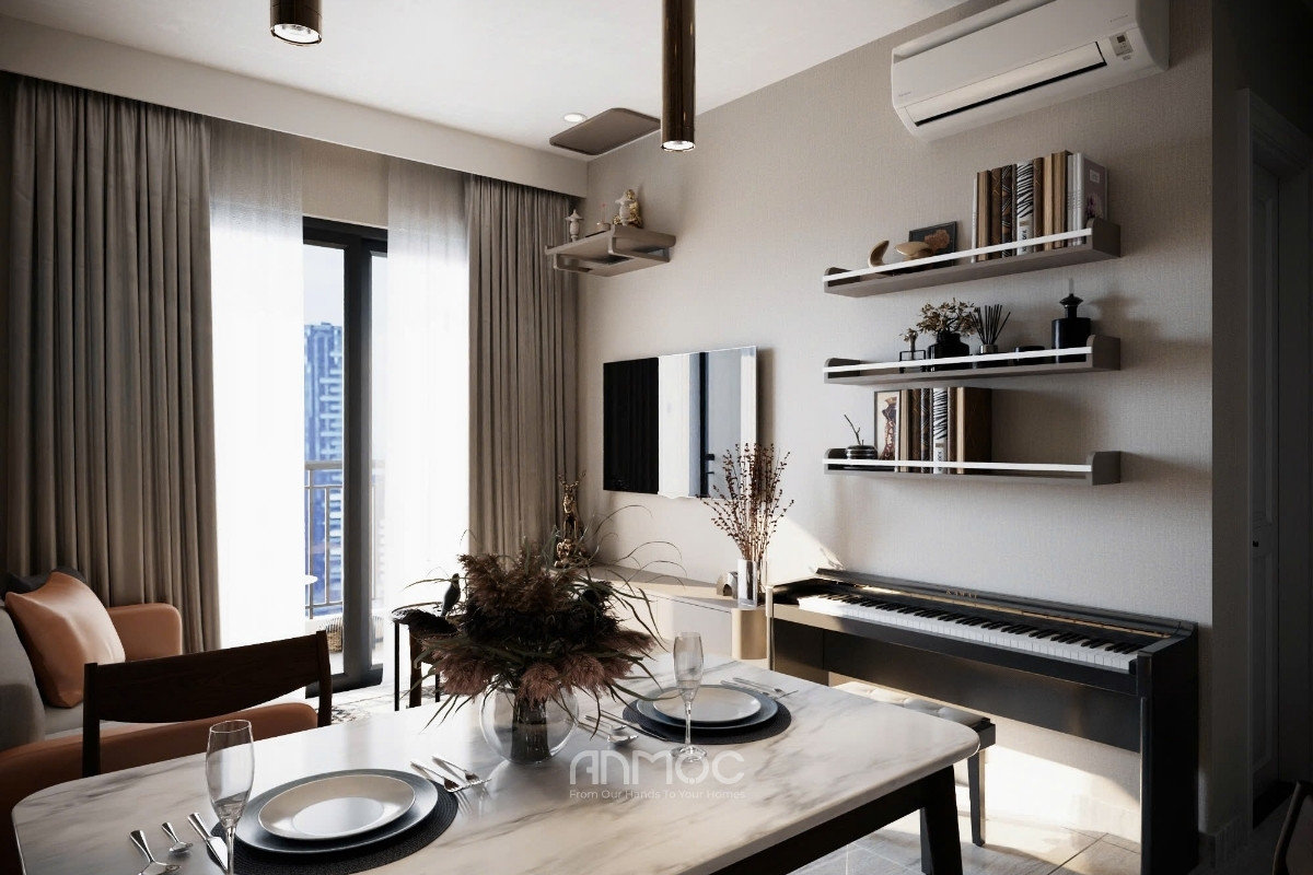 Góc nhìn từ khu vực ăn uống với bàn ăn, rèm cửa sổ lớn tận dụng tối đa ánh sáng tự nhiên, tạo cảm giác ấm cúng cho không gian_An Mộc